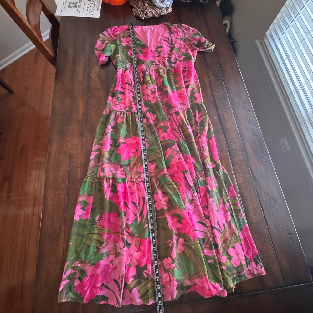 Sugarlips Tropical Floral Tiered Maxi Dress Pink Green Floral - Picture 4 of 9
